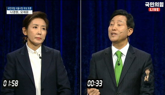 국민의힘 4.7 서울시장 보궐선거에 출마한 (왼쪽부터) 나경원 전 원내대표와 오세훈 전 서울시장이 23일 당내 경선 '3차 맞수토론'에서 공방을 주고 받았다.[사진=국민의힘 유튜브 '오른소리' 캡처]